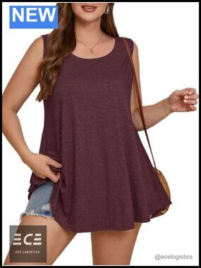 Plus Size Sleeveless Tunic Tank Top Scoop Neck Flowy Hem Loose Fit Summer